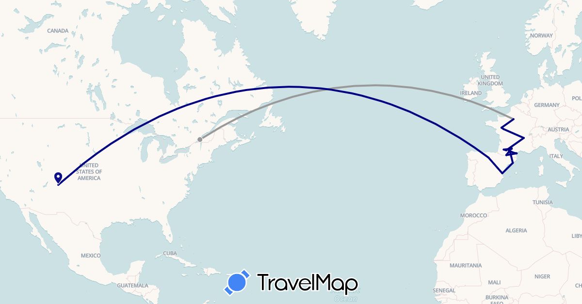 TravelMap itinerary: driving, plane in Canada, Spain, France, United States (Europe, North America)